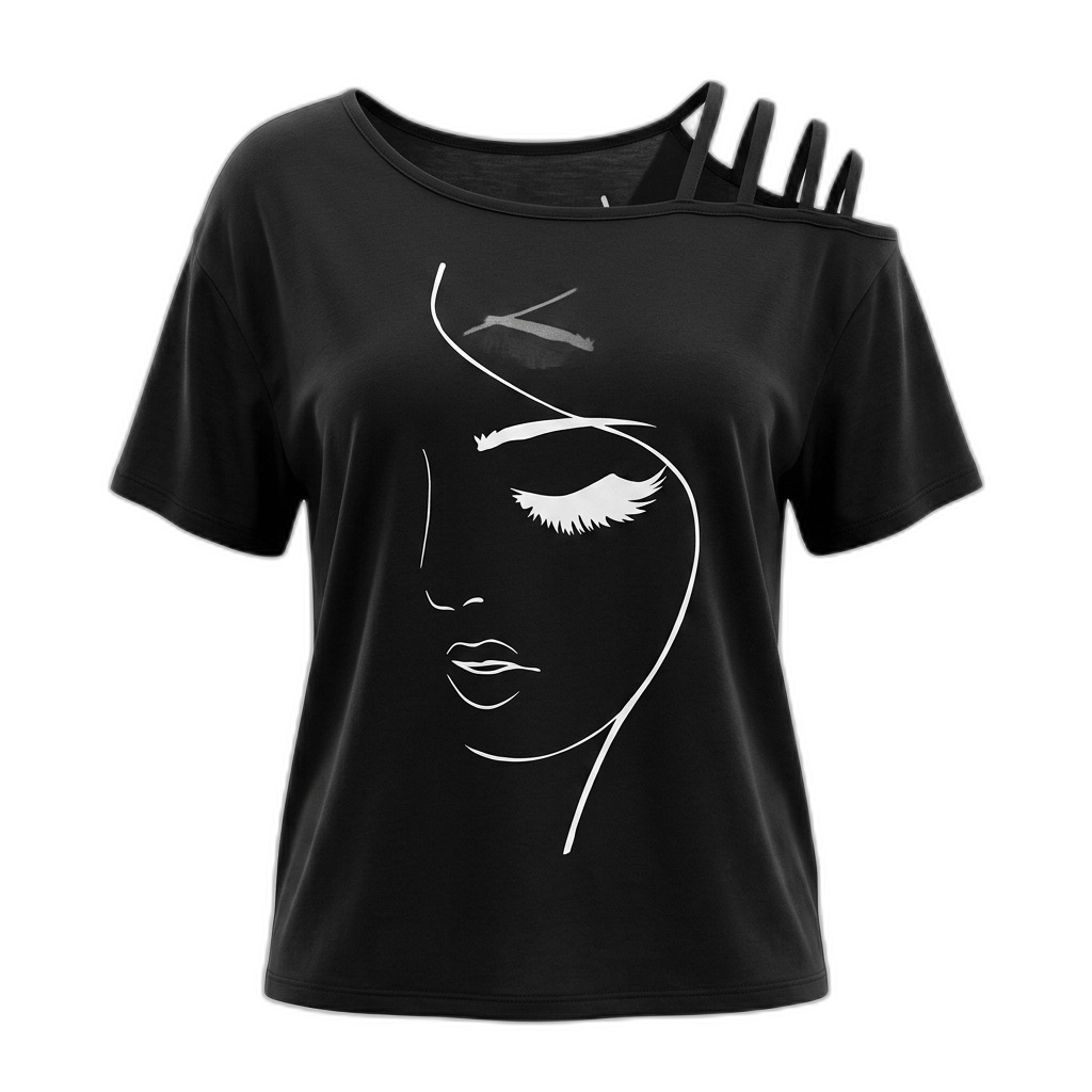 Women's Black Cut-Out T-Shirt | Face Line Art