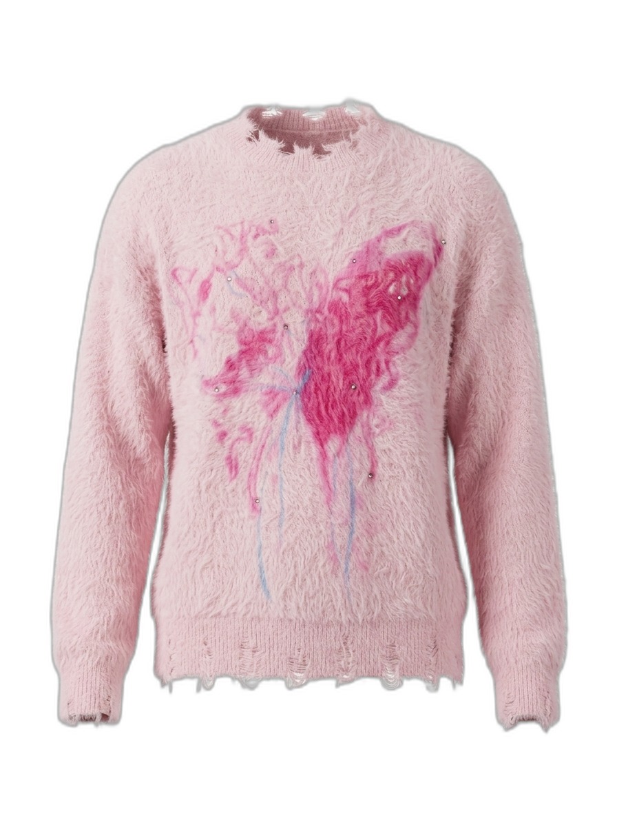 Pink Fluffy Distressed Sweater with Embellishments