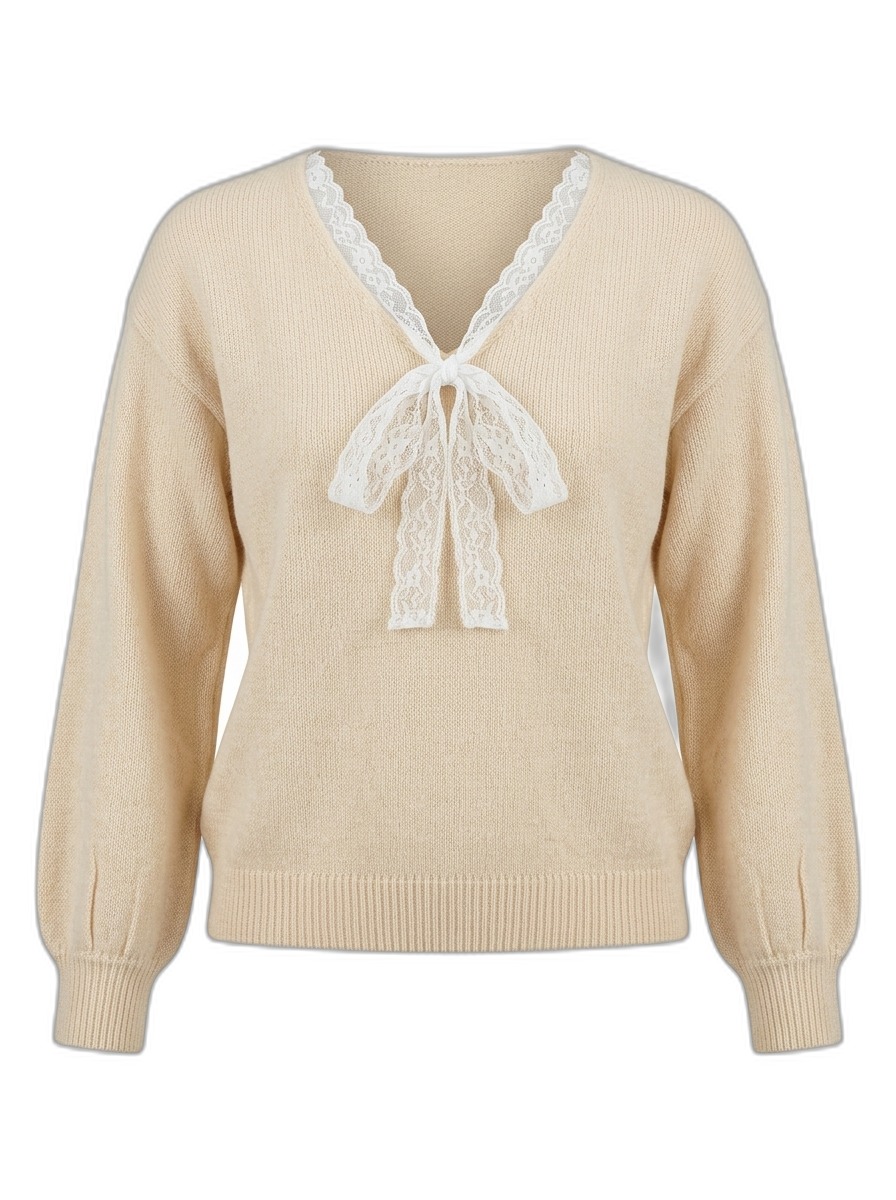 Women's Beige Knitted Sweater with Lace Bow