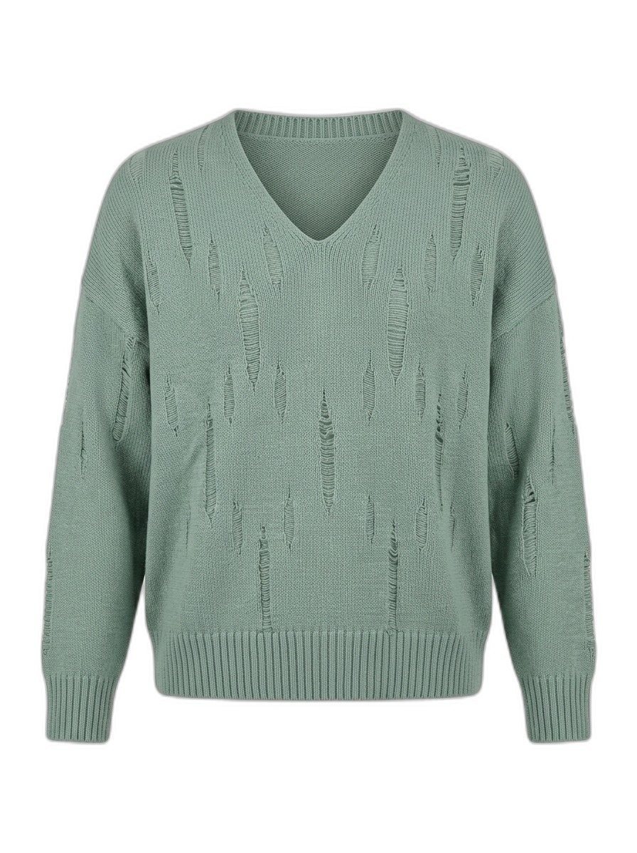 Distressed V-Neck Knit Sweater for Women