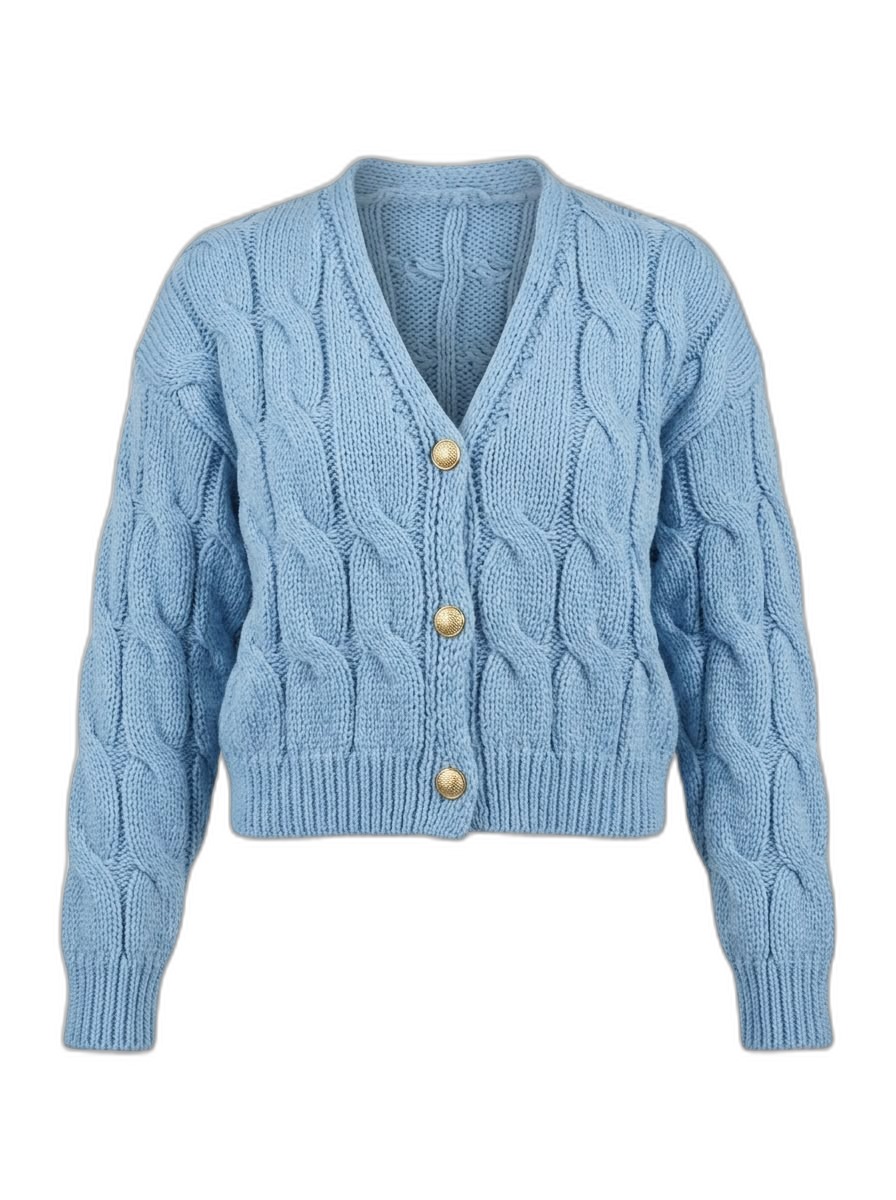 Women's Blue Cable Knit V-Neck Cardigan