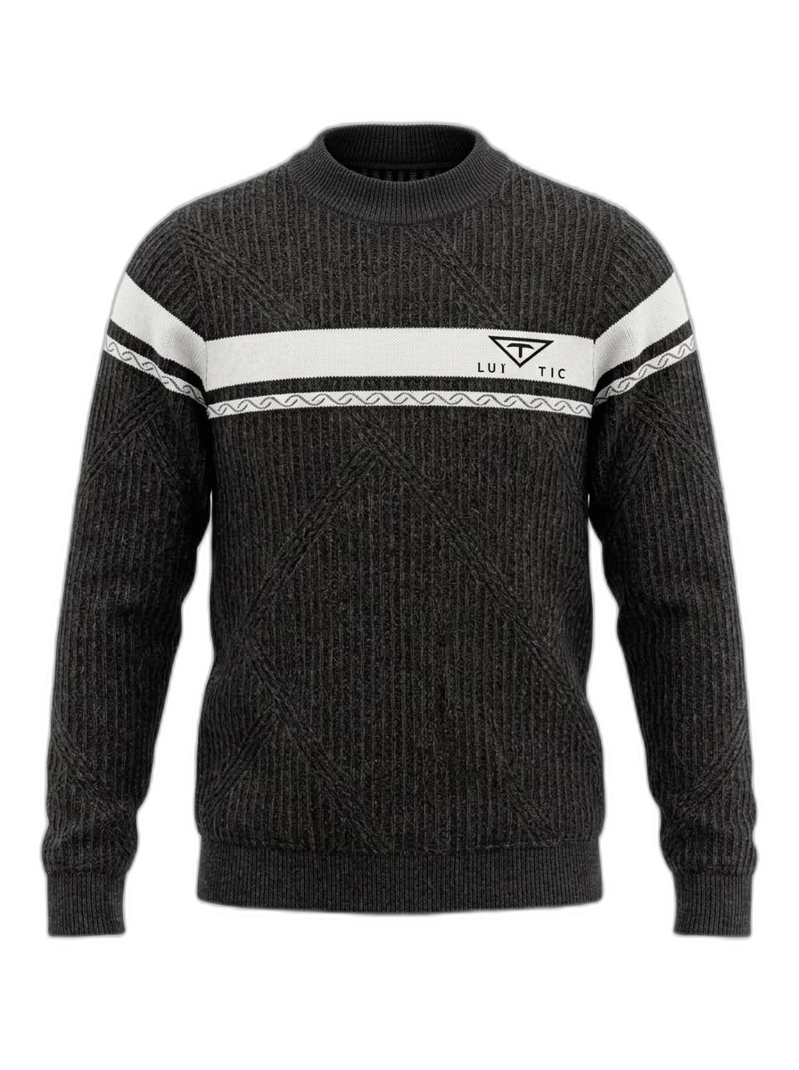 Men's Dark Grey Knitted Sweater with White Stripe
