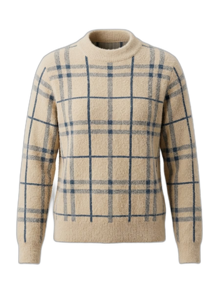 Men's Beige Plaid Knit Sweater