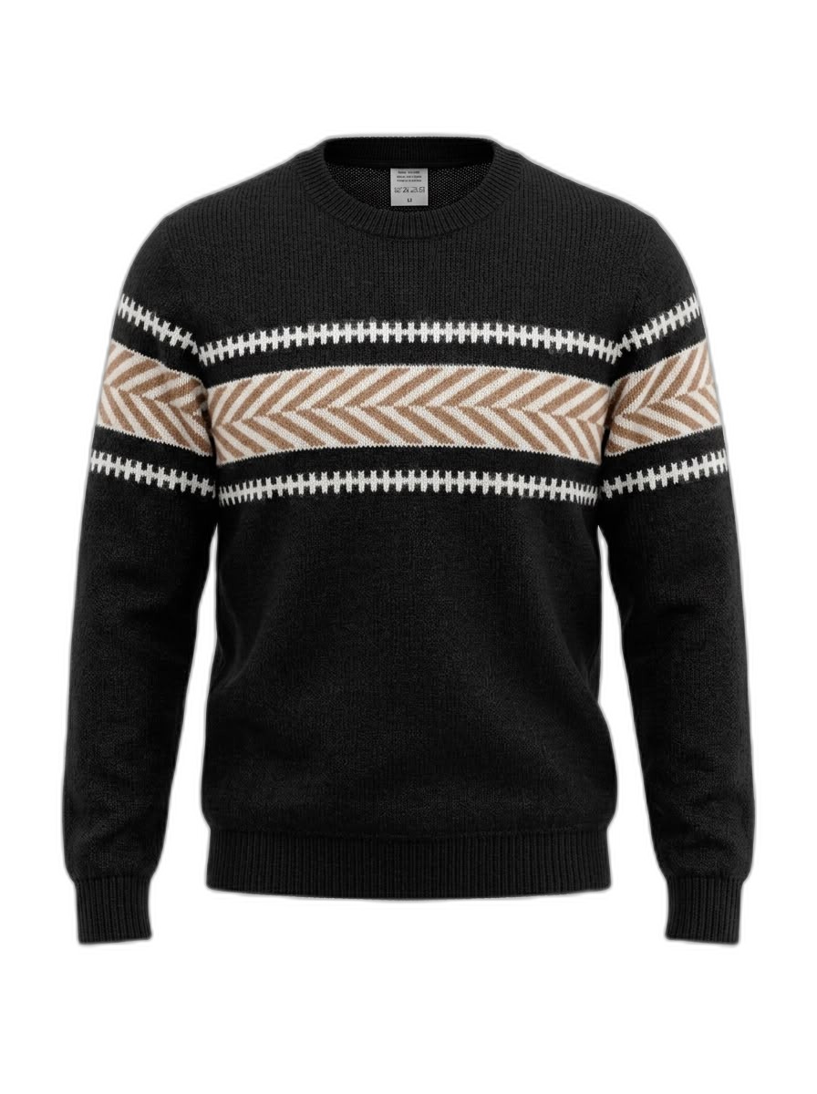 Men's Black Patterned Crew Neck Cotton Sweater