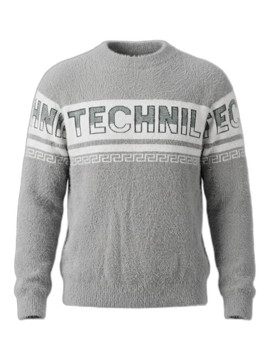 Men's Grey Fluffy Knit Sweater with 'TECHNIL' Pattern