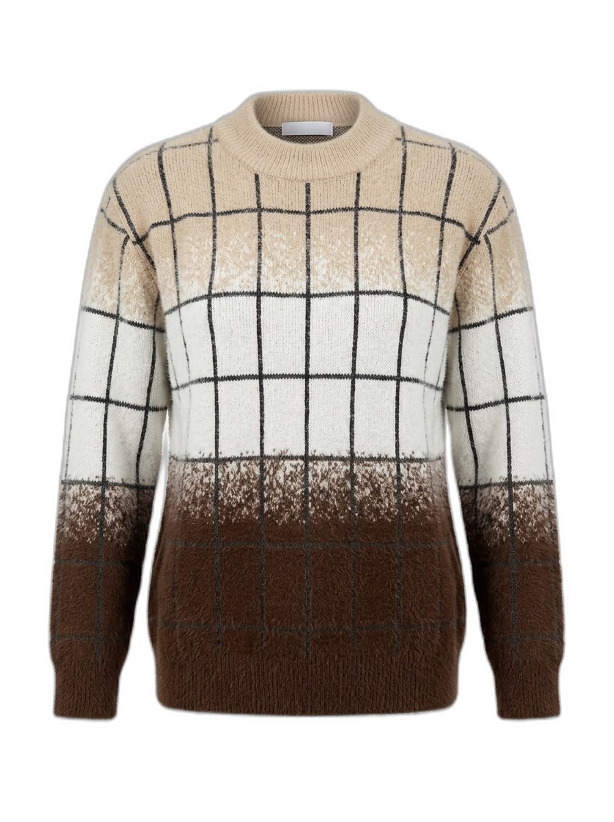 Men's Ombre Plaid Fuzzy Knit Sweater