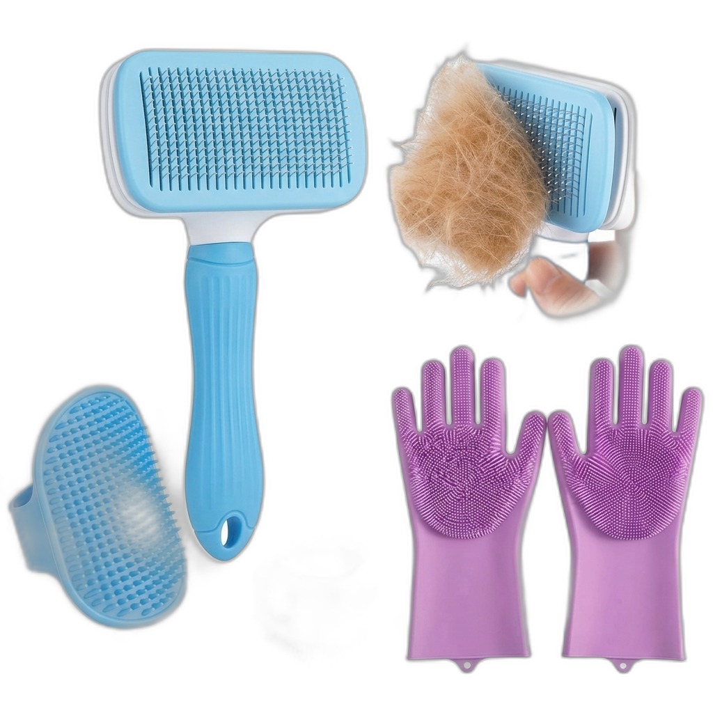 Pet Grooming Brush, Deshedding Comb & Massage Gloves