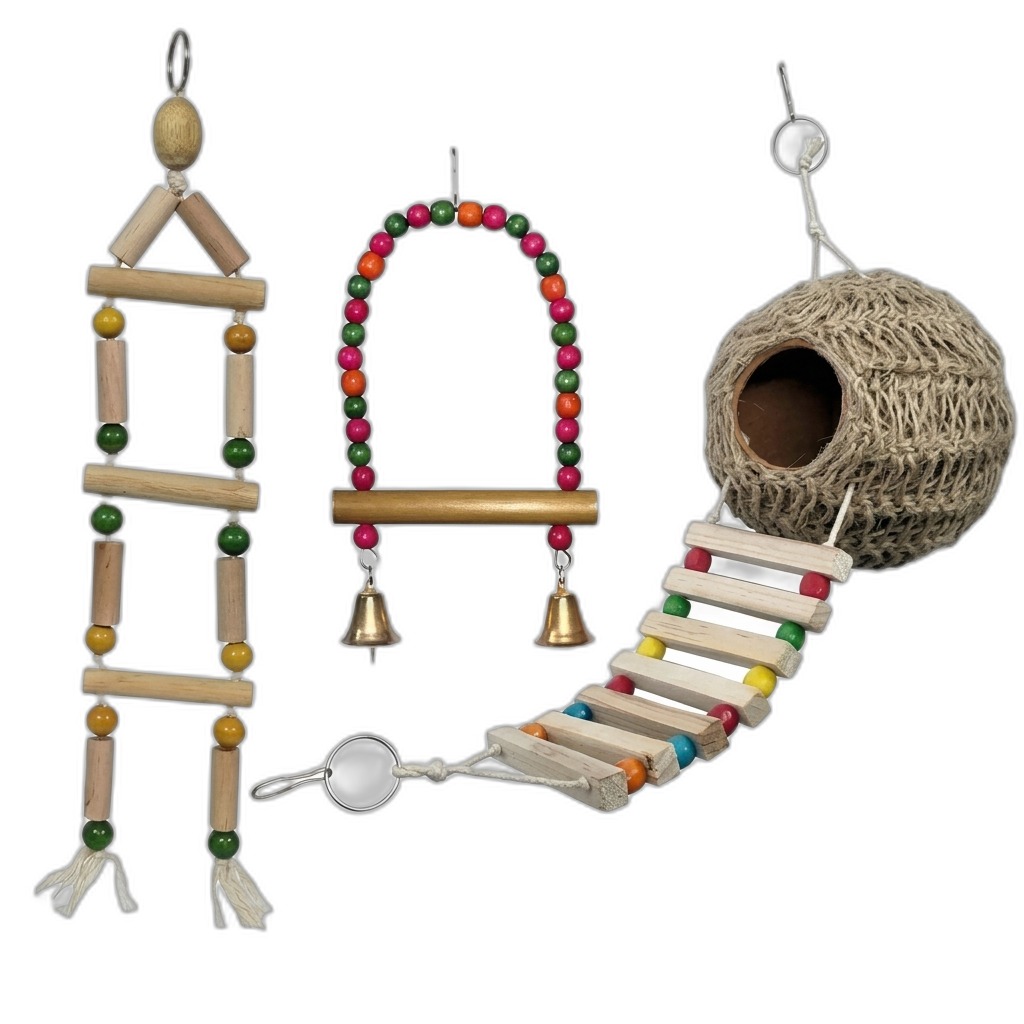 Bird Cage Toys Set | Wooden Perch, Nest & Ladder