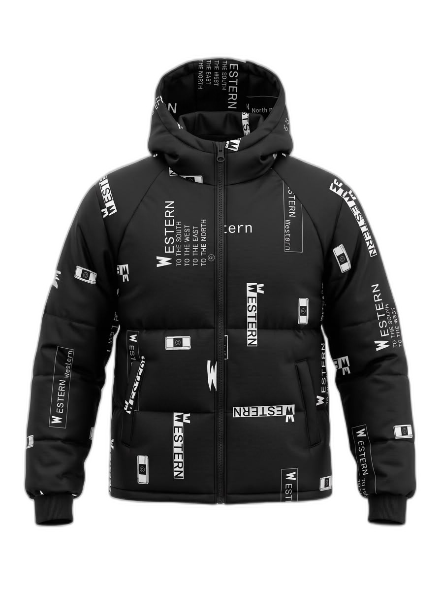 Men's Black Western Print Puffer Jacket