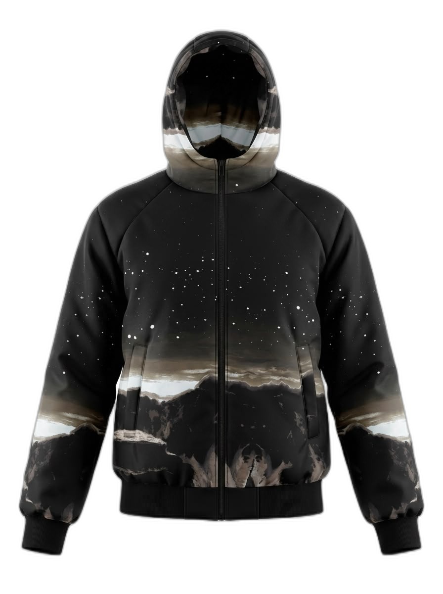 Men's Night Sky Mountain Print Hooded Bomber Jacket