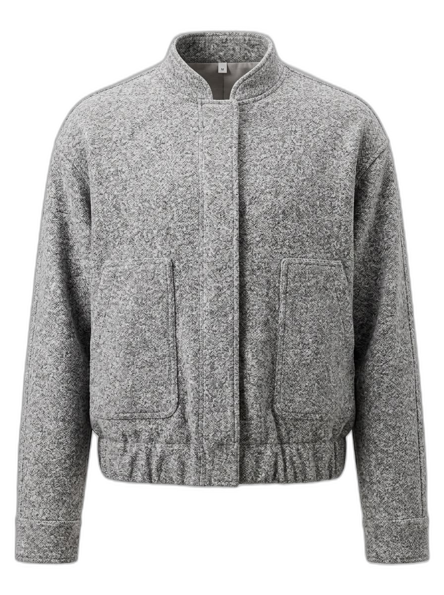 Grey Textured Bomber Jacket with Stand Collar