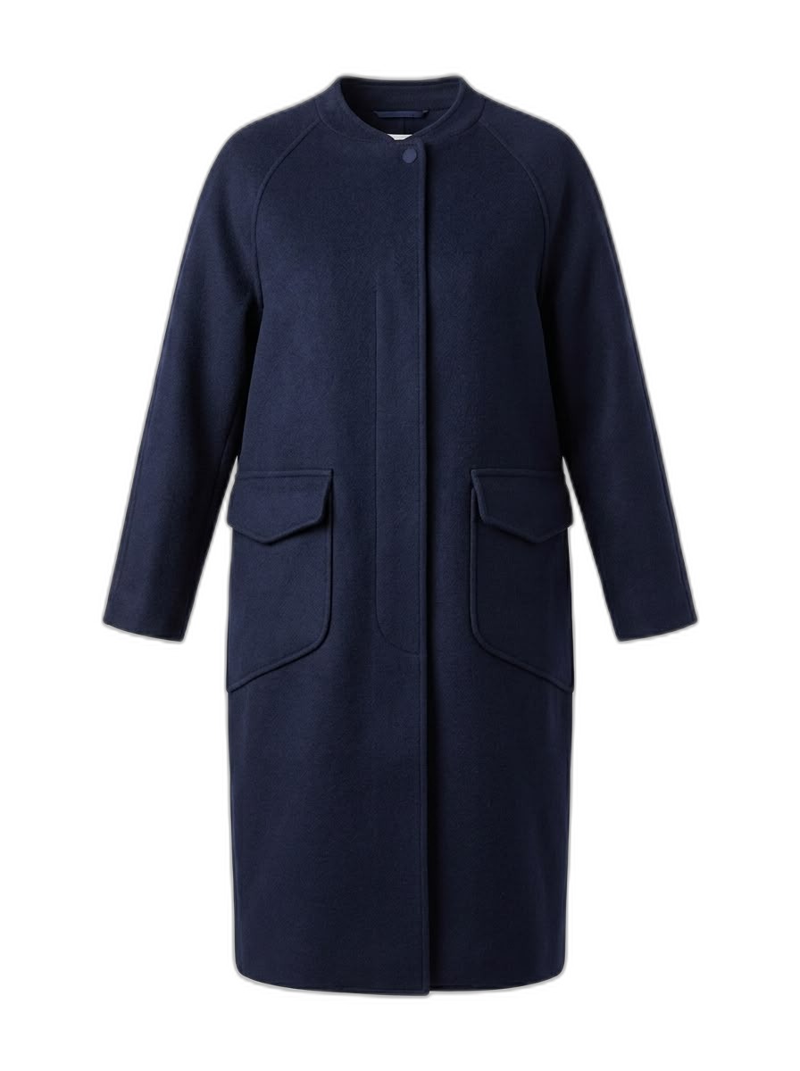 Navy Collarless Wool Blend Coat for Women