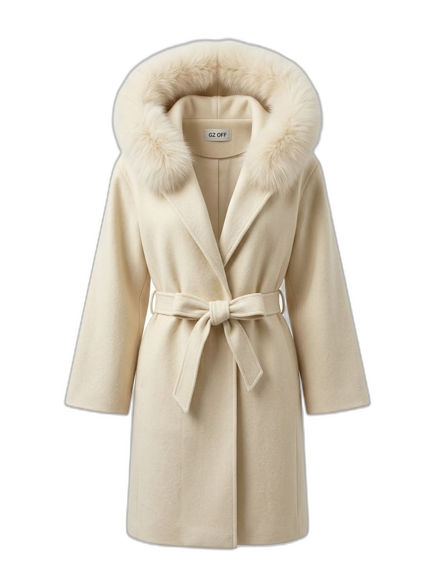 Women's Cream Hooded Wool Blend Wrap Coat