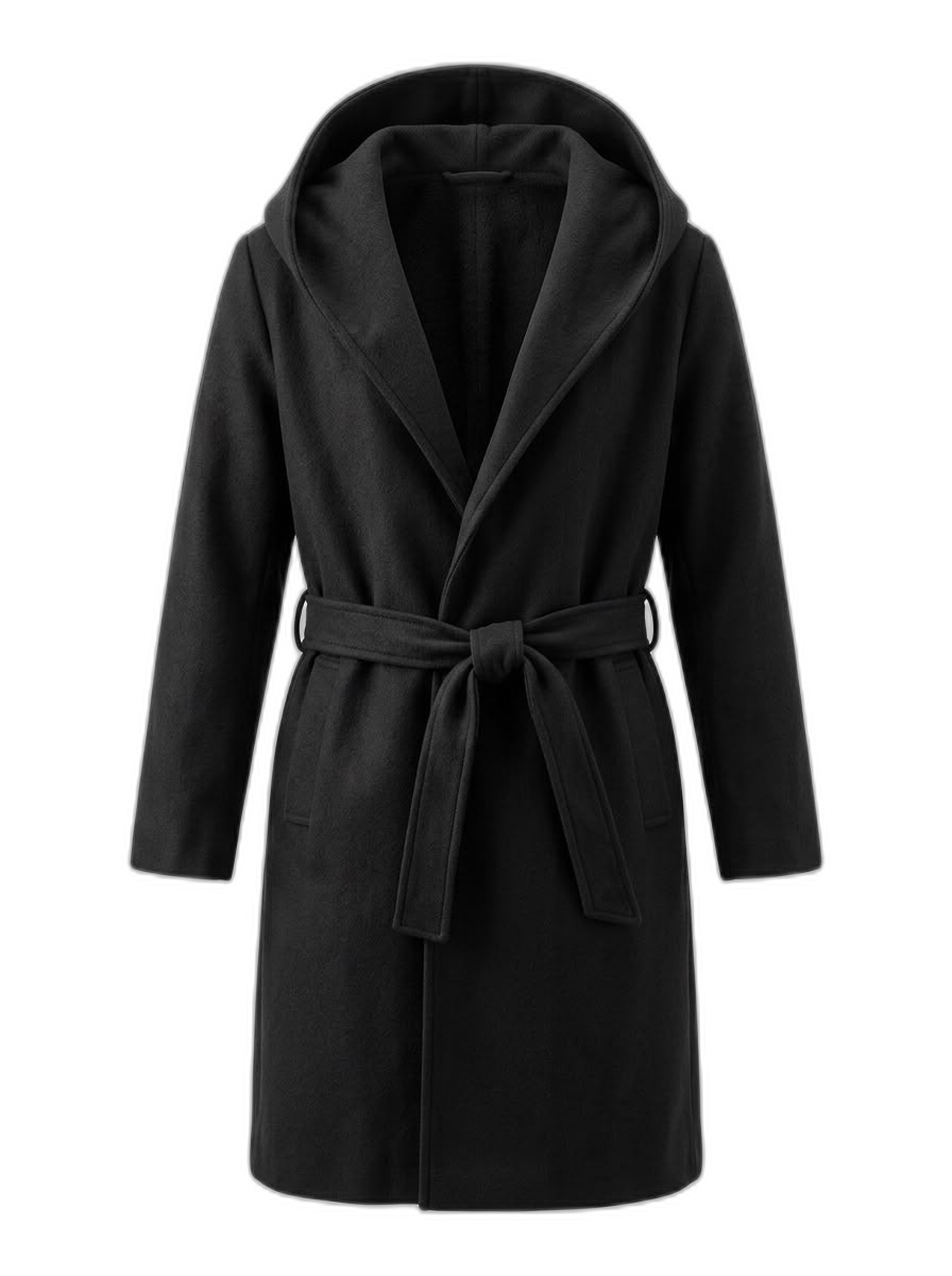Men's Black Hooded Belted Longline Coat
