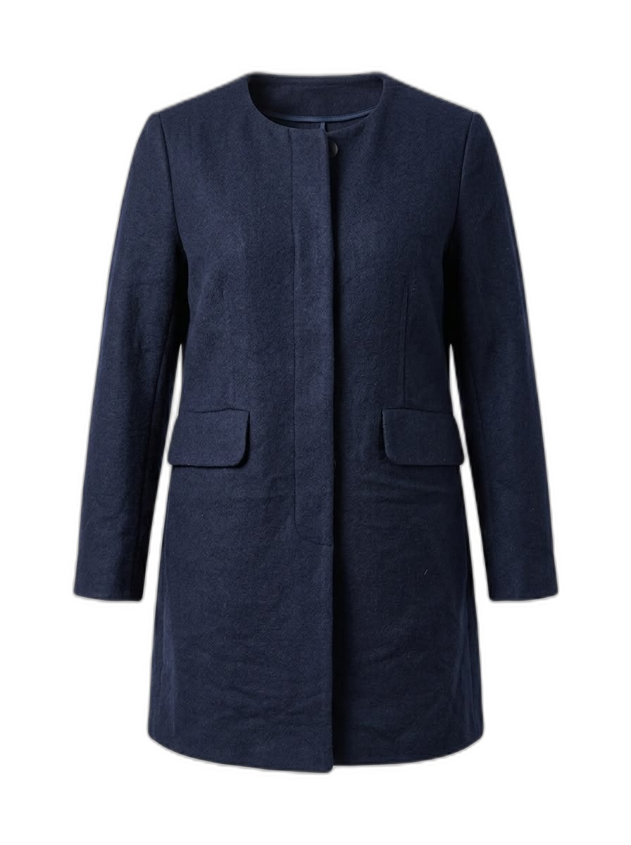Women's Navy Collarless Wool Blend Coat