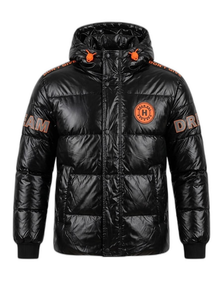 Men's Shiny Black Puffer Jacket with Hood