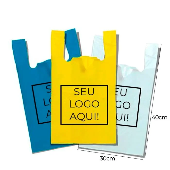 Sacola plástica personalizada média alça camiseta 30 x 40 cm