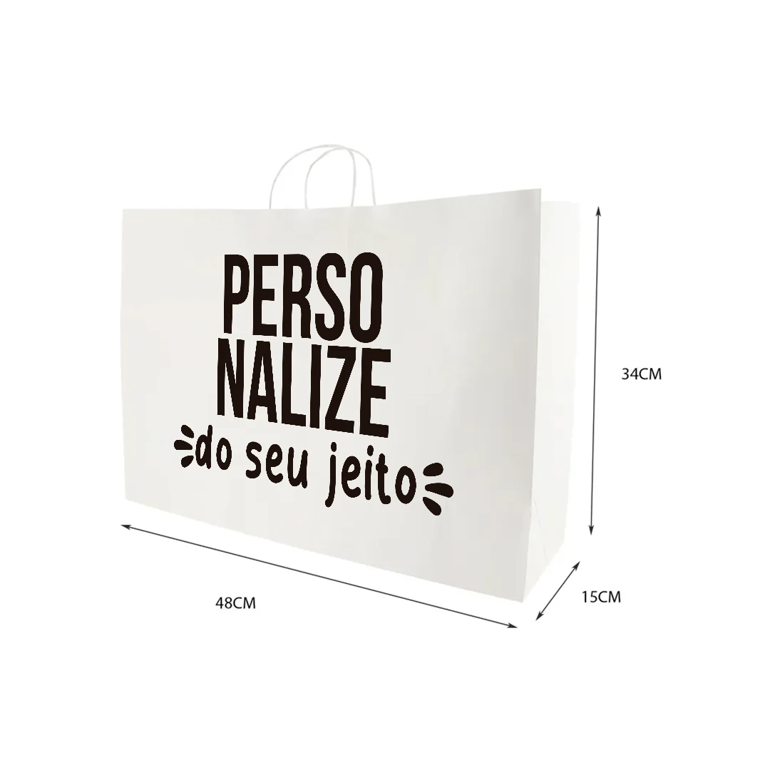 Sacola de papel branca personalizada grande 34 x 48 x 15 cm