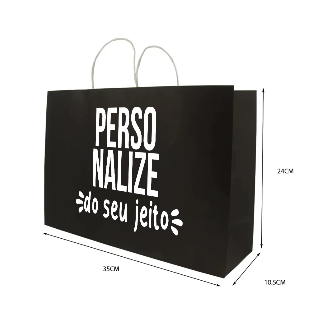 Sacola de papel preta personalizada média 24 x 35 x 10 cm