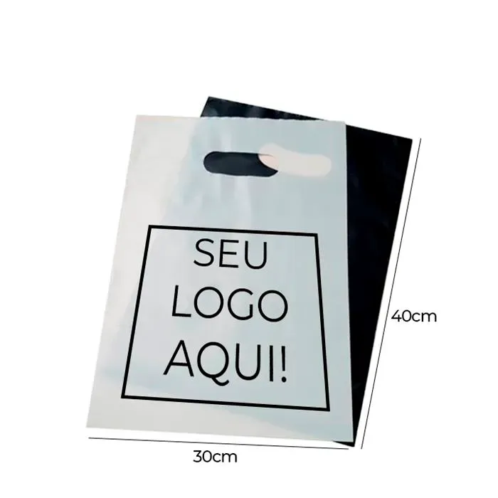 Sacola plástica personalizada média alça vazada 30 x 40 cm