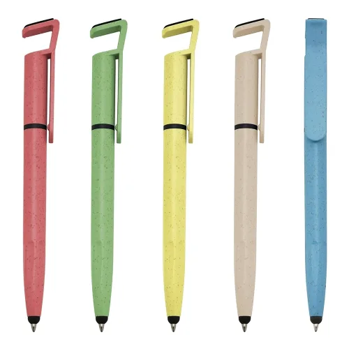 Caneta ecológica de fibra de bambu personalizada e com touch e suporte para celular 00708T