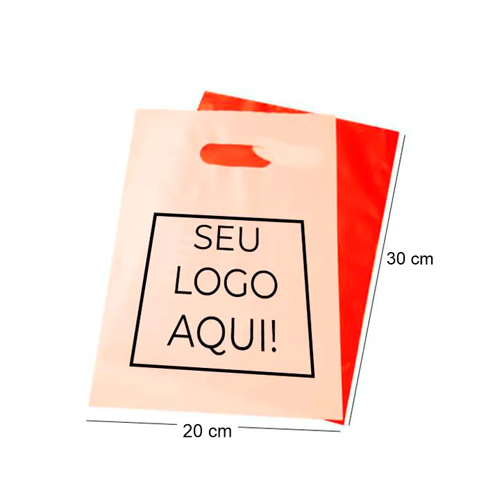 Sacola plástica personalizada pequena alça vazada 20 x 30 cm