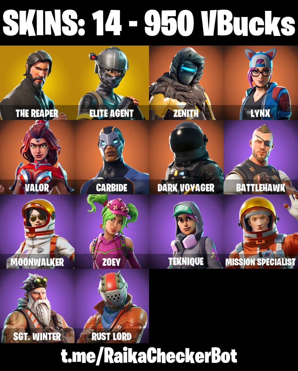 14 Skins, The Reaper, Take The L, Elite Agent, Zenith, Carbide [PC/PSN/XBOX/Switch]