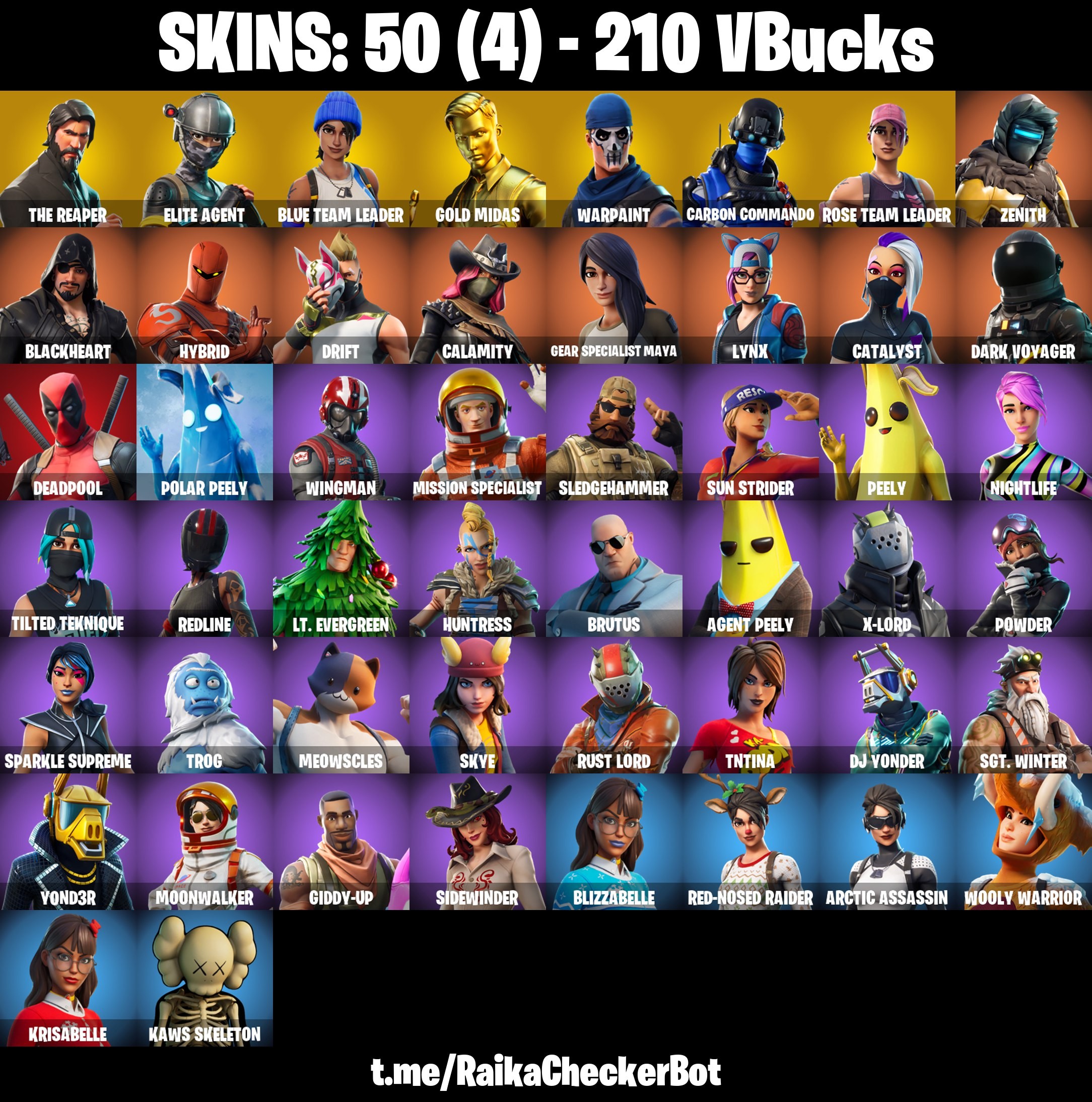 50 Skins, The Reaper, Gold Midas, OG STW, Blue Team Leader, Take The L, Peely [PC/PSN/XBOX/Switch]