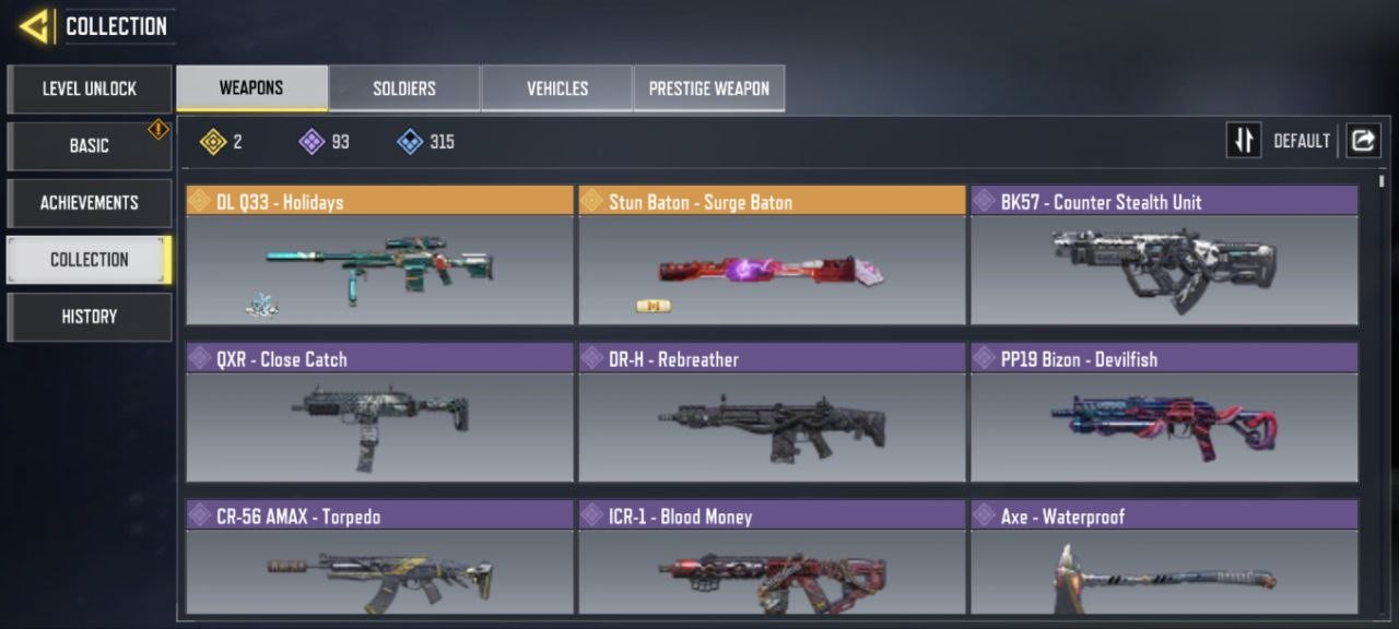 2 Legend Guns (DLQ33, M4), 93 Epic Guns, 61 Skins, 14 Emotes, 2 Diamond Guns (IOS/Android)