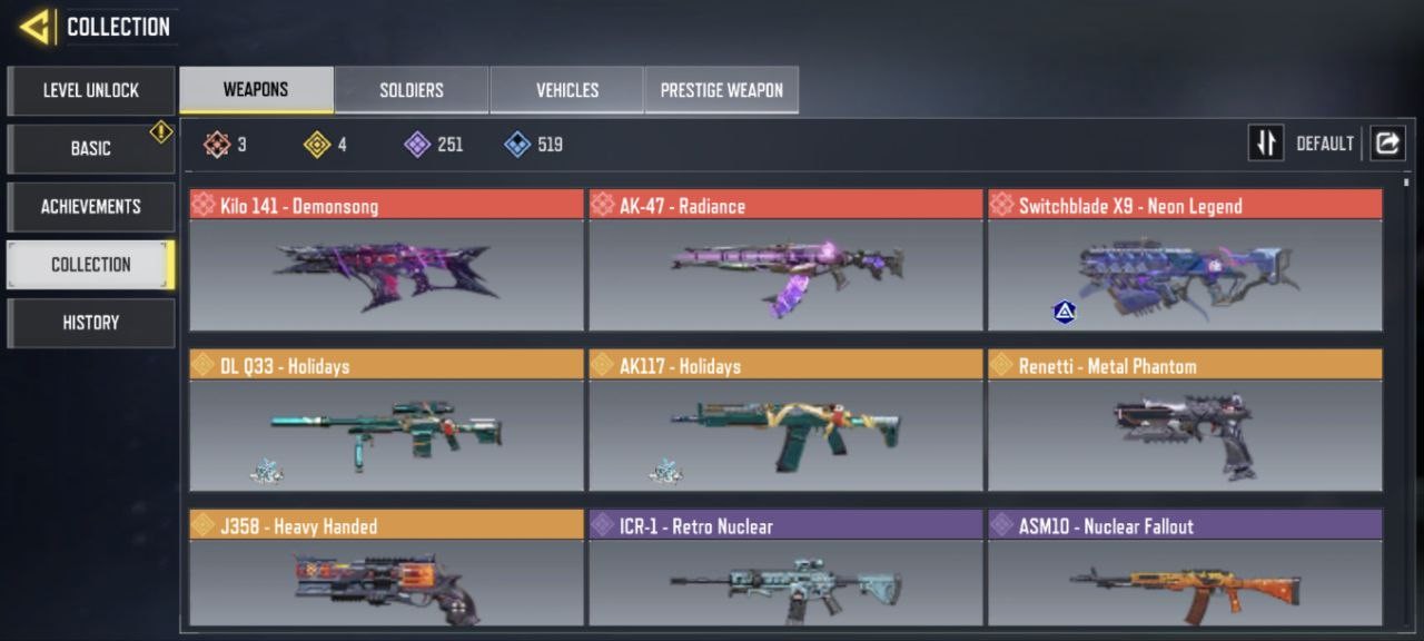 3 Mythic Guns (Kilo141, AK-47, Switchblad), 4 Legend Guns, 251 Epic Guns, 139 Skins, 53 Emotes, 7 Diamond Guns (IOS/Android)
