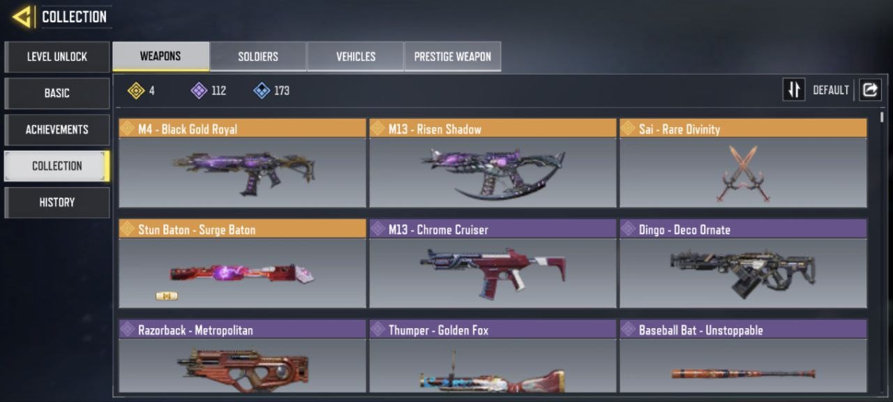 4 Legend Guns, 112 Epic Guns, 52 Skins, 34 Emotes, 1 Diamond Gun (IOS/Android)