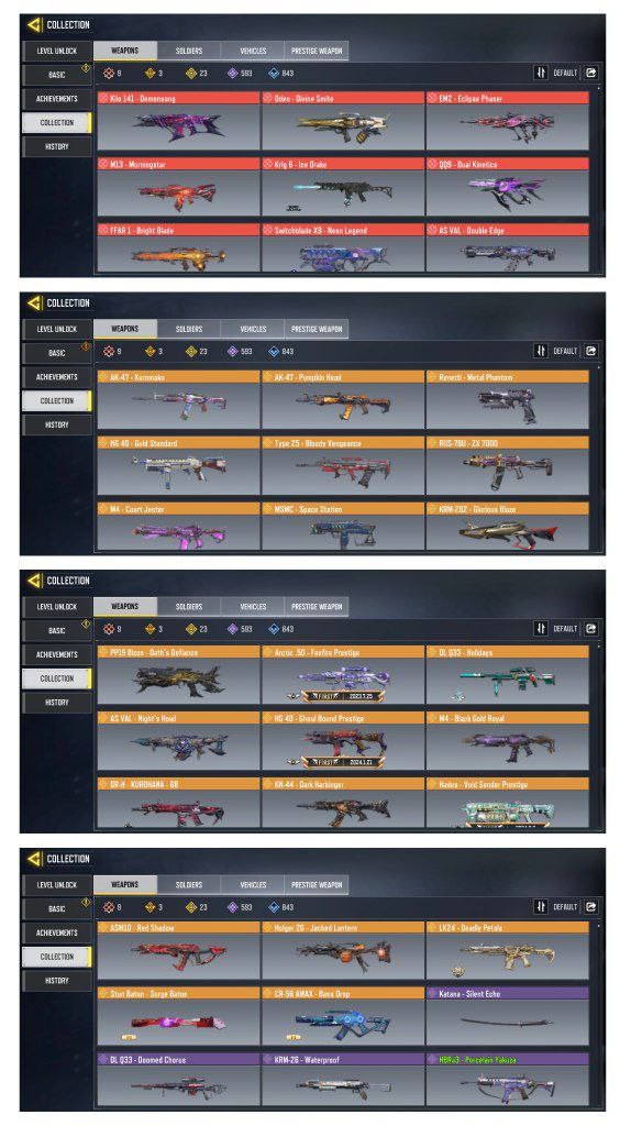 9 Mythic Guns, 2 Mythic Skins, 23 Legend Guns, 593 Epic Guns, 329 Skins, 149 Emotes (IOS/Android)