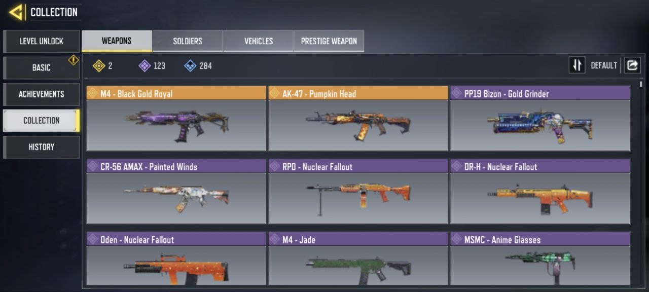2 Legend Gun(AK-47|M4), 123 Epic Guns, 63 Skins, 28 Emotes (IOS/Android)
