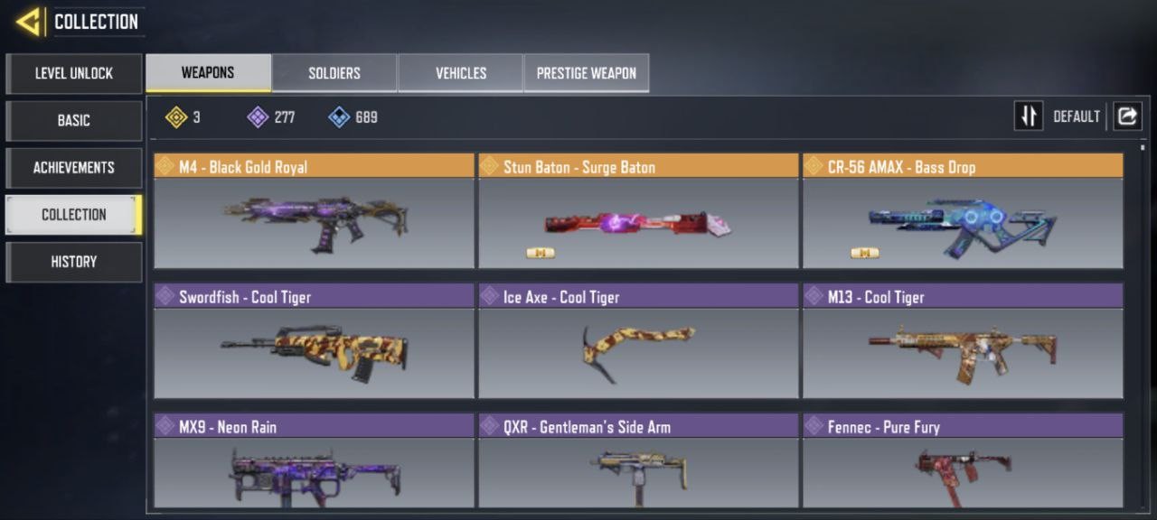 3 Legend Gun, 277 Epic Guns, 173 Skins, 46 Emotes, 5 Diamond Guns (IOS/Android)