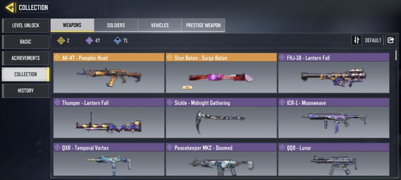 2 Legend Gun(AK-47|Stun Baton), 47 Epic Guns, 30 Skins, 10 Emotes, 0 Diamond Guns (IOS/Android)