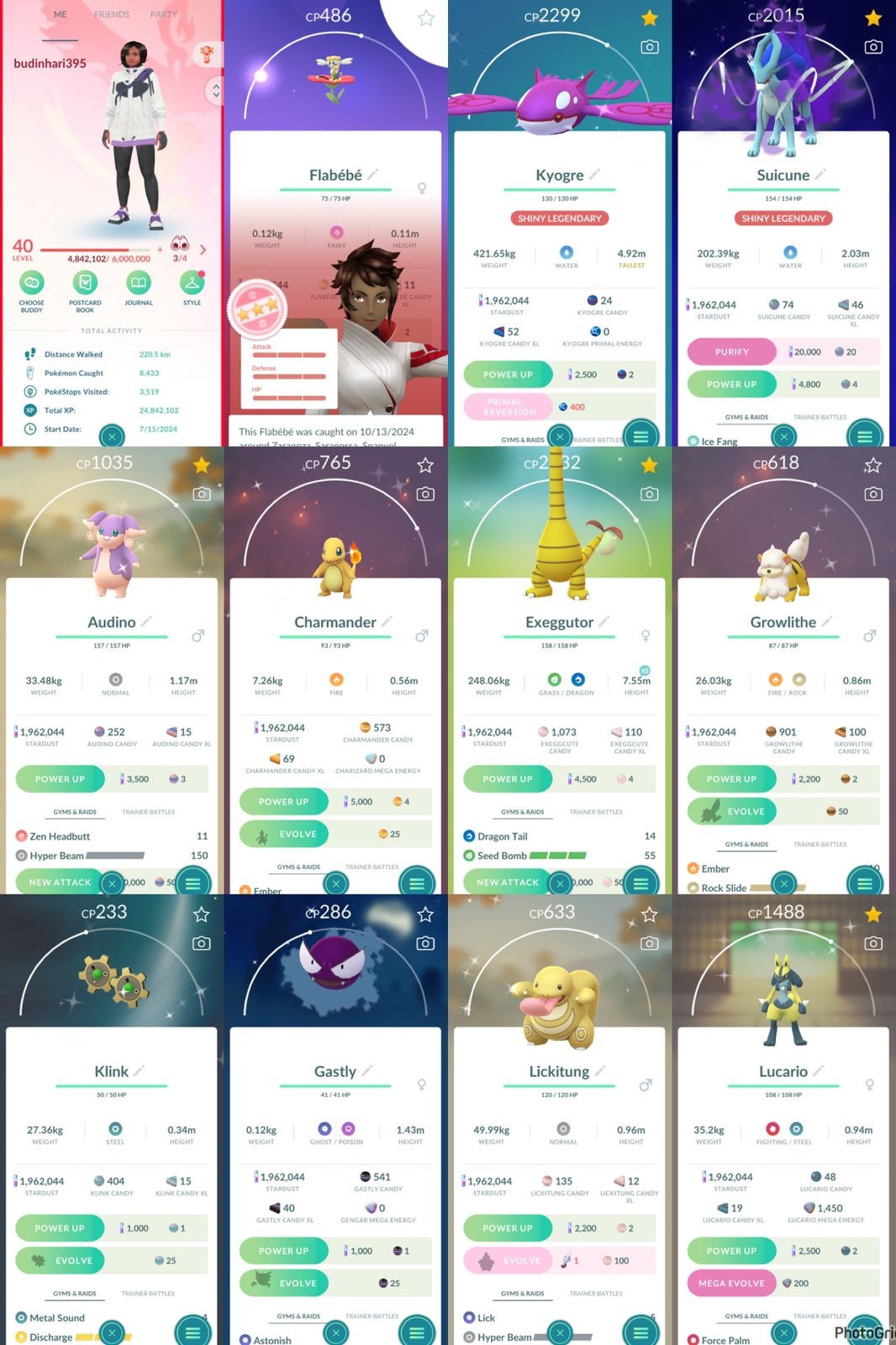 Lv40 Valor 112 Legendary 29 Shiny Hundo Flabebe Shiny Legendary Kyogre Shiny Shadow Suicune Ponyta Special BG Shiny Lucario 1.9M Stardust (IOS/Android)