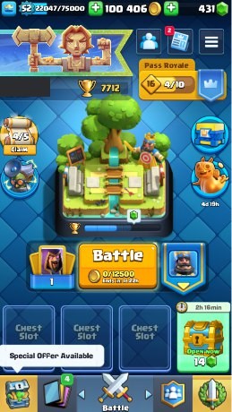 KT 14, LVL 52, Trophy 7712, Emotes 27, Gems 431, Cards 116, Gold 100k (IOS/Android)