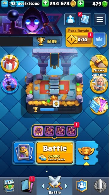 KT 14, LVL 42, Trophy 6195, Emotes 38, Gems 479, Cards 109, Gold 244k (IOS/Android)