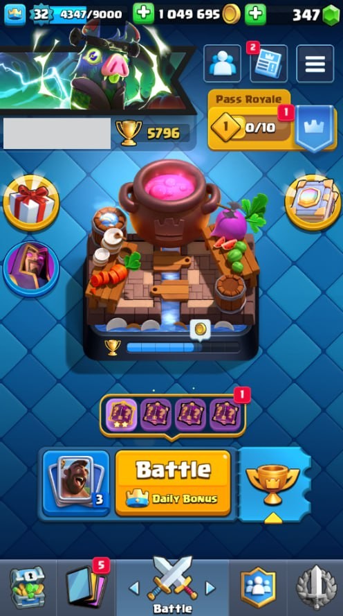 KT 11, LVL 32, Trophy 5796, Emotes 20, Gems 347, Cards 106, Gold 1.0kk (IOS/Android)