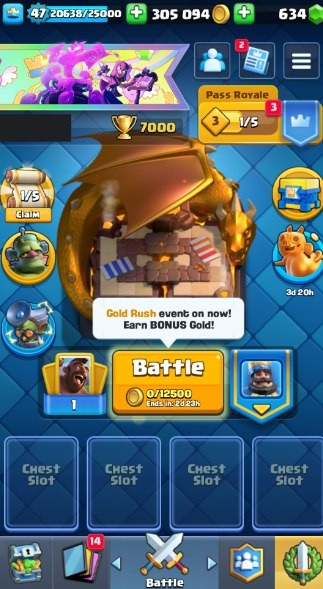 KT 14, LVL 47, Trophy 7000, Emotes 41, Gems 634, Cards 115, Gold 305k (IOS/Android)