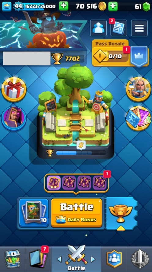 KT 14, LVL 44, Trophy 7702, Emotes 41, Gems 61, Cards 115, Gold 70k (IOS/Android)