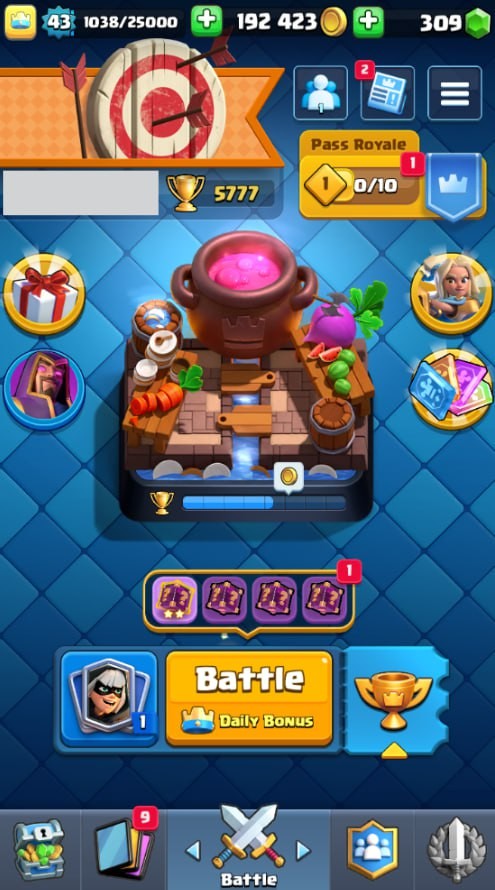 KT 14, LVL 43, Trophy 5777, Emotes 34, Gems 309, Cards 105, Gold 192k (IOS/Android)