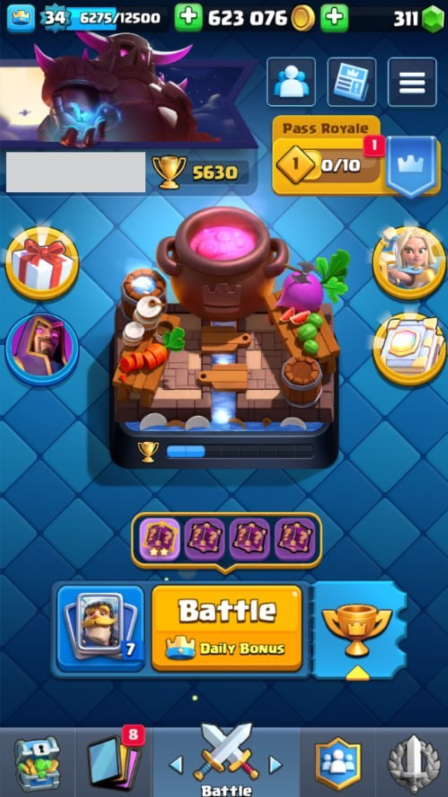 KT 12, LVL 34, Trophy 5630, Emotes 29, Gems 311, Cards 106, Gold 623k (IOS/Android)