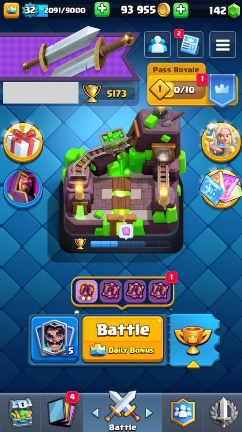 KT 11, LVL 32, Trophy 5173, Emotes 9, Gems 142, Cards 103, Gold 93k (IOS/Android)
