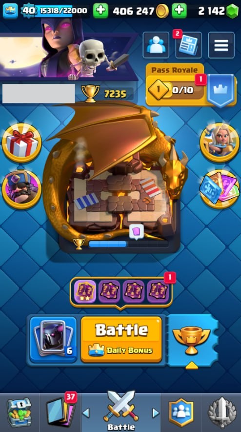 KT 13, LVL 40, Trophy 7235, Emotes 20, Gems 2142, Cards 113, Gold 406k (IOS/Android)