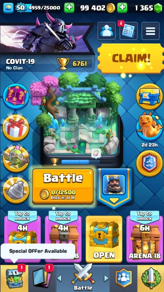 KT 14, LVL 50, Trophy 6761, Emotes 43, Gems 1365, Cards 110, Gold 99k (IOS/Android)