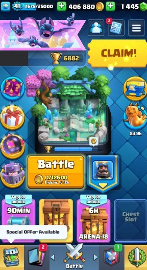 KT 13, LVL 41, Trophy 6882, Emotes 24, Gems 1445, Cards 108, Gold 406k (IOS/Android)