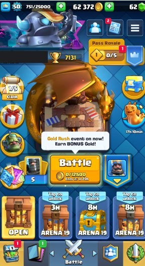 KT 14, LVL 50, Trophy 7131, Emotes 54, Gems 62, Cards 114, Gold 62k (IOS/Android)