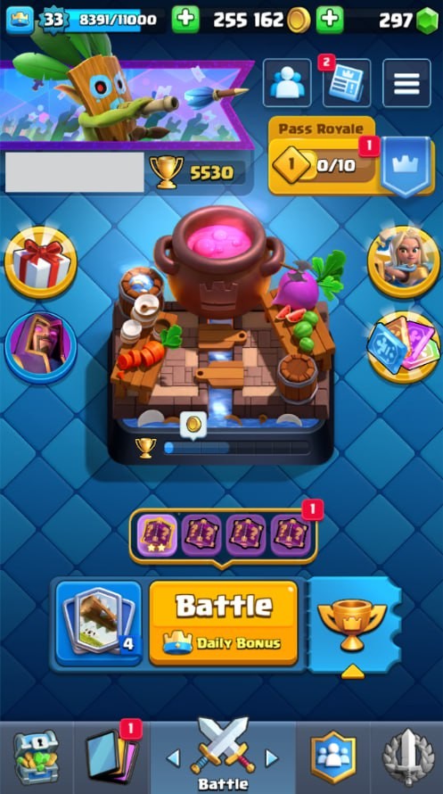 KT 11, LVL 33, Trophy 5530, Emotes 15, Gems 297, Cards 106, Gold 255k (IOS/Android)