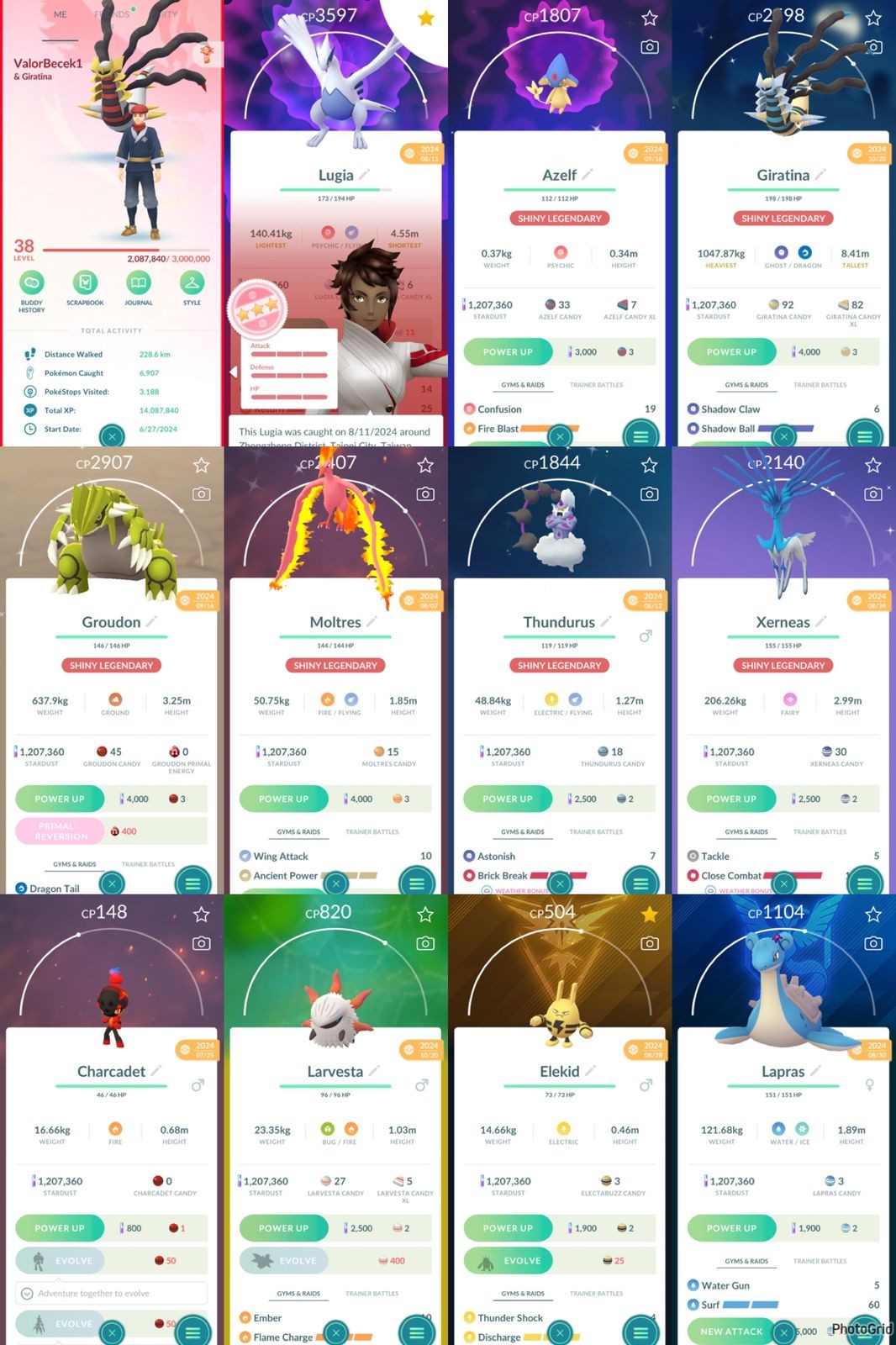 Lvl38 Valor, 114 Shiny, 103 Legendary, Purified Lugia (100% IV), 1.2M Stardust, Shiny Legend Moltres, Shiny Zoroark, 3 Event Special Backgrounds, Shiny Arcanine (IOS/Android)